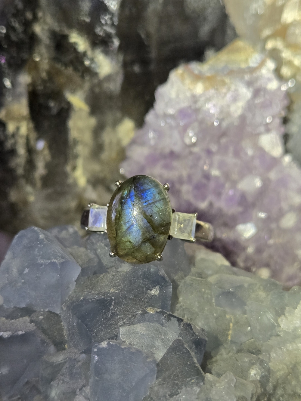 Labradorite and Moonstone Sterling Silver Ring - Blue Flash - Size 10